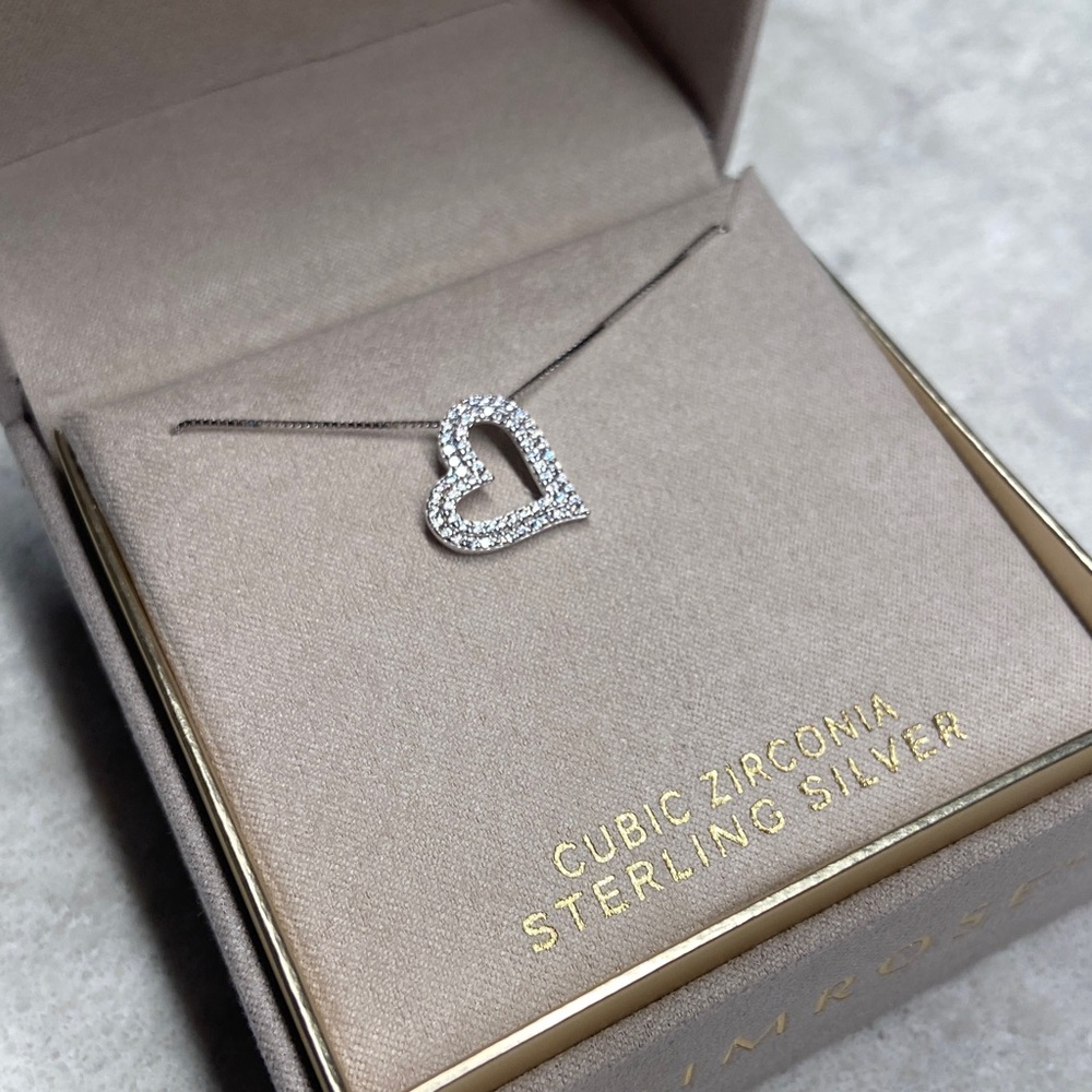 Sterling Silver Floating Heart Pendant Necklace with Cubic Zirconia Stones. - Picture 3 of 8